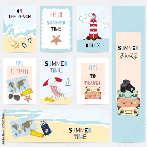 Travel greeting card with sea sky ship star fish beach glasses map sun glasses luggage and camara
