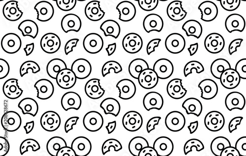 Seamless donuts pattern,
seamless vector print with various donuts, including bitten, abstract decorative background on a theme of food, baking, holiday, party