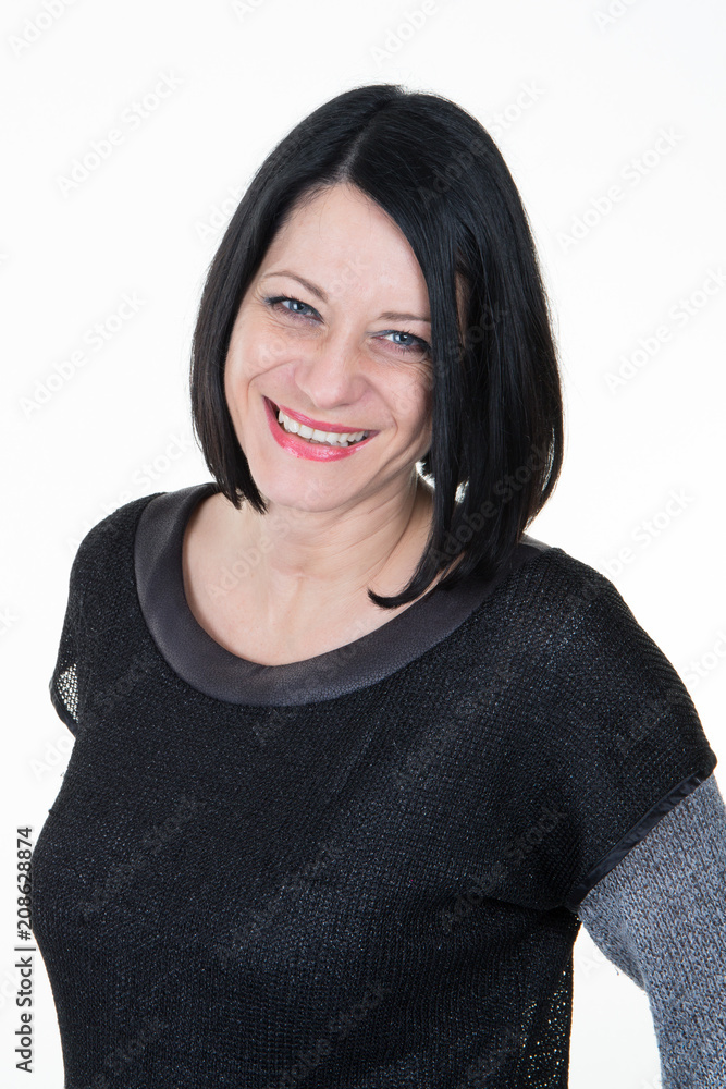 Portrait of smiling happy woman on white background Portrait of smiling happy woman on white background
