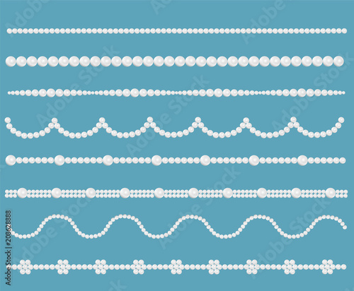 Pearl glamour borders. Vector bride pearls vintage accessories necklace patterns isolated on blue. Elegant luxury decoration feminine with pearl bead illustration