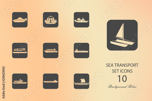 Sea transport. Set of flat icons on blurred background