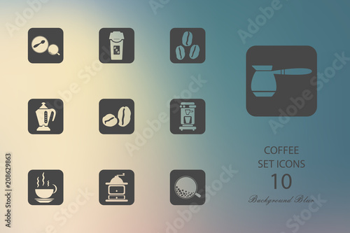 Coffee. Set of flat icons on blurred background