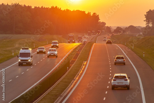 traffic on the Polish highway during sunset