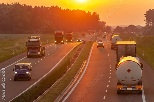 traffic on the Polish highway during sunset