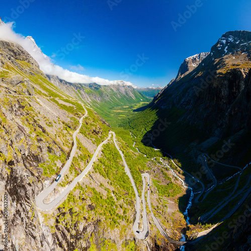 Famous Trollstigen serpentine mountain road with clear sky, Andalsnes, Norway