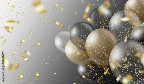 Transparent realistic balloons and golden confetti isolated on transparent background. Party decorations for birthday, anniversary, celebration, wedding, event design. Vector illustration.