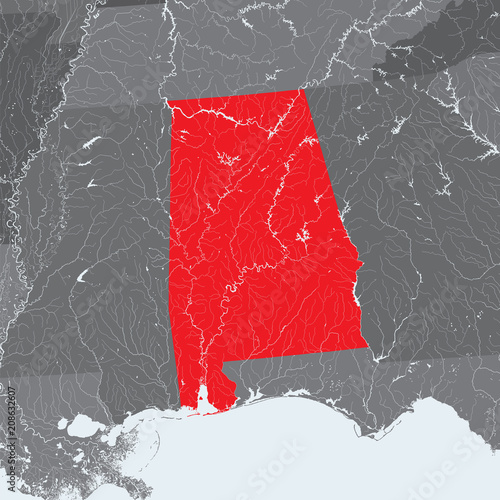 U.S. states - map of Alabama. Please look at my other images of cartographic series - they are all very detailed and carefully drawn by hand WITH RIVERS AND LAKES.