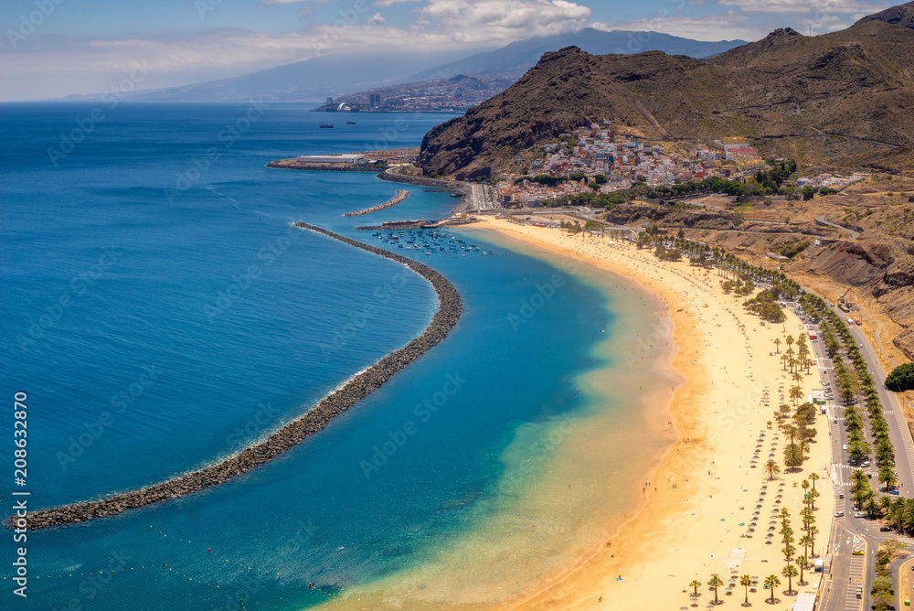 Playa de Las Teresitas, a famous beach near Santa Cruz de Tenerife with scenic San Andres village Playa de Las Teresitas, a famous beach near Santa Cruz de Tenerife with scenic San Andres village