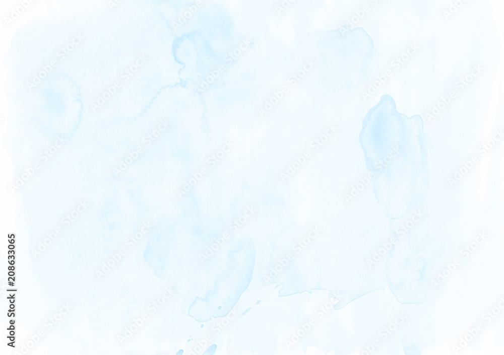 Abstract white-blue watercolor background. The color splashing on the paper. It is a hand drawn.