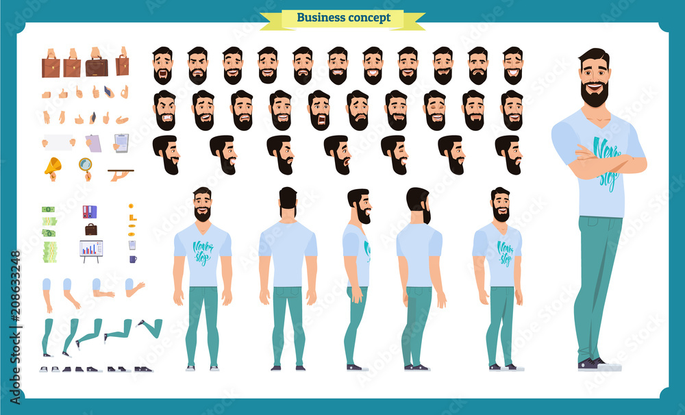 Obraz premium Hipster creation kit. Set of flat male cartoon character body parts, hairstyles, trendy clothing,