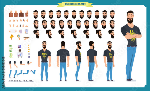 Hipster creation kit. Set of flat male cartoon character body parts, hairstyles, trendy clothing,