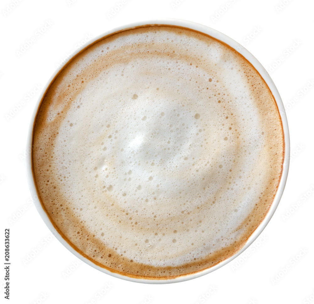 Top view of hot coffee latte cappuccino spiral foam isolated on white background, clipping path included - obrazy, fototapety, plakaty 