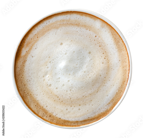 Slika na platnu Top view of hot coffee latte cappuccino spiral foam isolated on white background