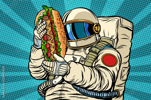 astronaut with a hot dog, street fast food
