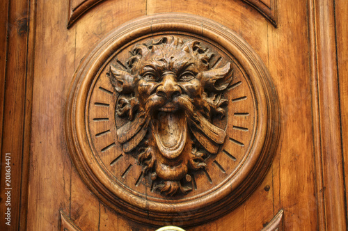 Old wooden door with carving in the form of the head of a monster with an open mouth