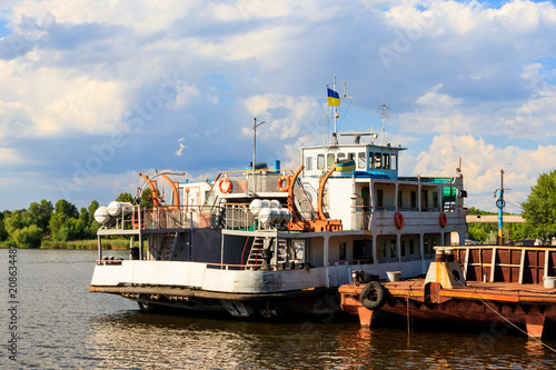 Ferryboat at the wharf on the river Dnieper, Ukraine
