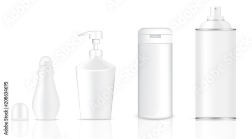 Mock up Realistic White Cosmetic Gel Soap, Skincare Lotion, Shampoo, Deodorant and Spray Bottles Product Set on White Background Illustration