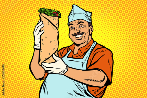 smiling Oriental street food chef. Kebab Shawarma Doner