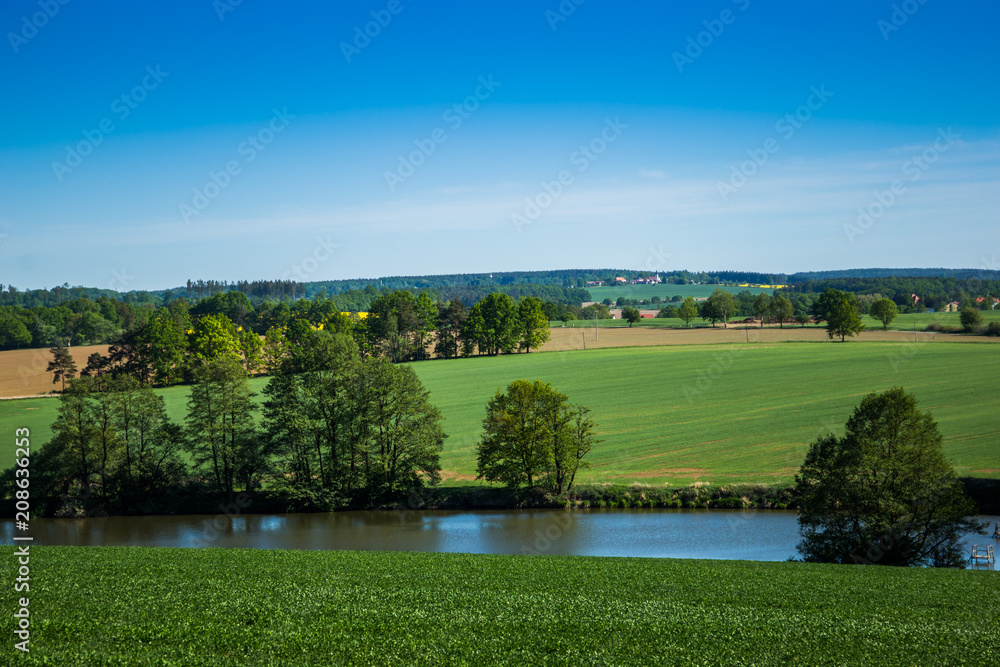 Obraz premium Green field, river and blue sky