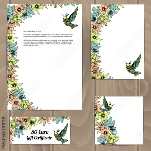 Templates with floral decoration and colibri bird.