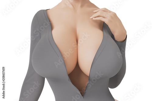 Busty woman with big cleavage in grey dress with deep neckline