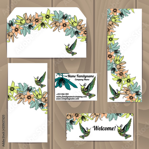 Templates with floral decoration and colibri bird.