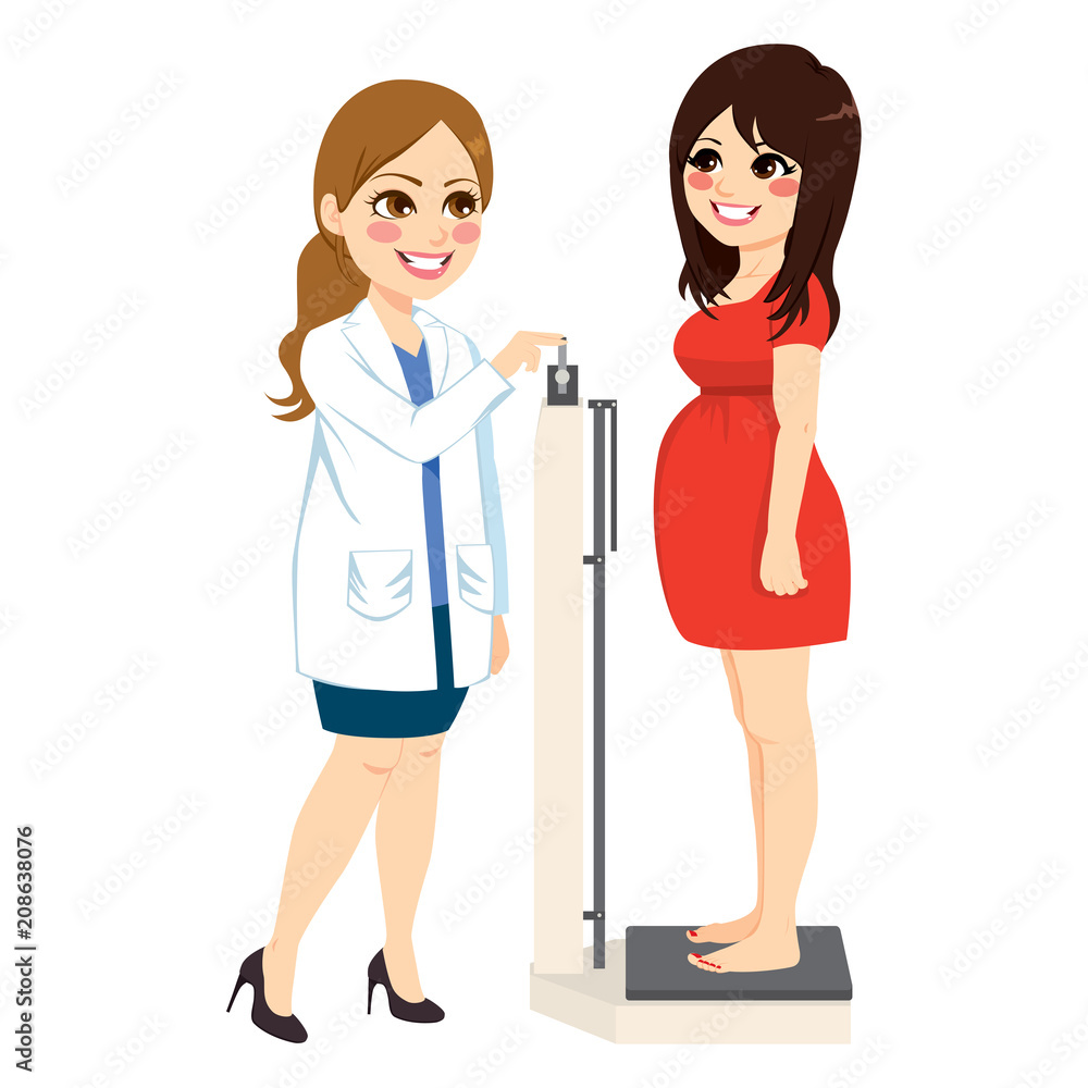 Obstetrician checking weight happy beautiful pregnant woman taking measures on scale Obstetrician checking weight happy beautiful pregnant woman taking measures on scale