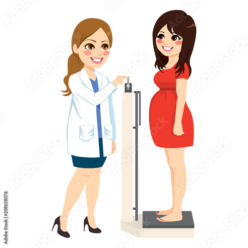 Obstetrician checking weight happy beautiful pregnant woman taking measures on scale