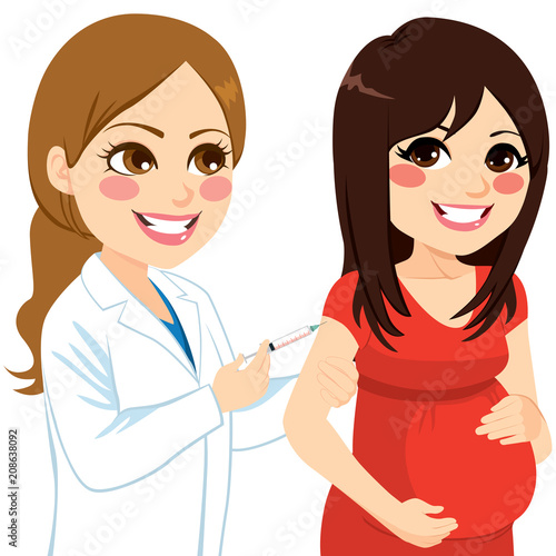 Beautiful young pregnant woman getting vaccine shot on her arm by lovely professional female obstetrician