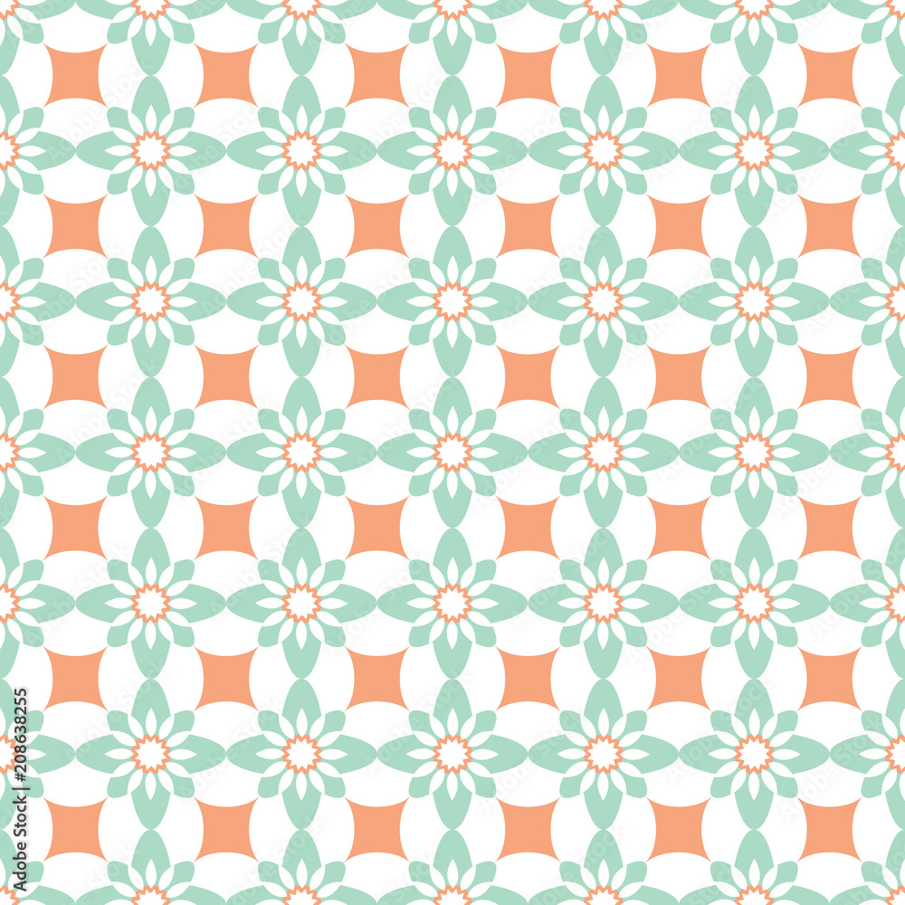 Blue and orange seamless geometric pattern background of rosettes and flower shapes. Perfect for fabric, scrap booking, wallpaper, tiles, gift wrap