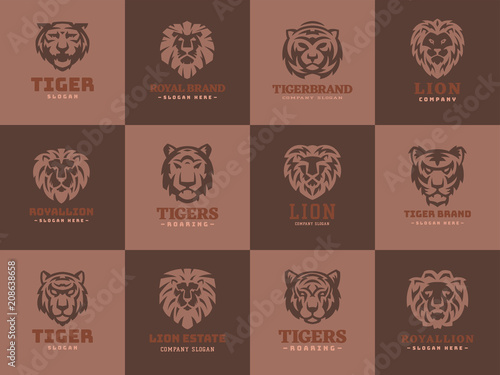 Fototapeta Naklejka Na Ścianę i Meble -  Tiger and lions face logo badge strength predator power wildcat vector illustration.