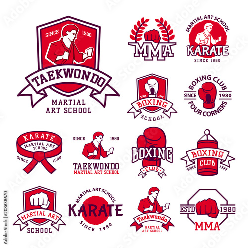 Set of cool fighting club emblems martial training champion graphic style punch sport fist karate vector illustration.