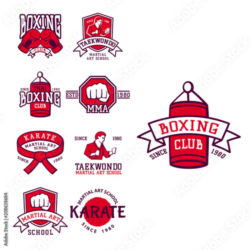 Set of cool fighting club emblems martial training champion graphic style punch sport fist karate vector illustration.