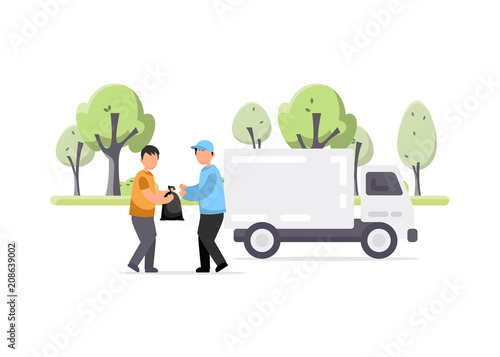 Creative illustration of Garbage truck and worker 
