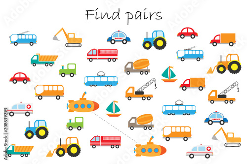 Find pairs of identical pictures, fun education game with different transport for children, preschool worksheet activity for kids, task for the development of logical thinking, vector illustration