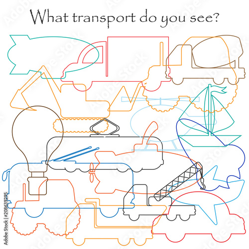 Find hidden objects on the picture, transport theme, mishmash contour set, fun education game for kids, preschool activity for children, vector illustration