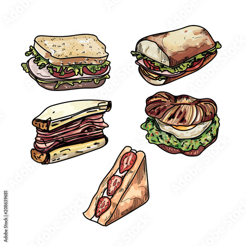 Set of delicious sandwich illustrations several different kinds of subs sandwiches toast. photo