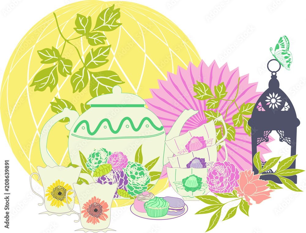 Elegant vector pastel vintage garden tea party illustration with teapot, teacups, cakes, flowers, lantern, decorations. Ideal for framing, placement print on apparel, scrap booking, invitations, cards
