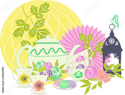 Elegant vector pastel vintage garden tea party illustration with teapot, teacups, cakes, flowers, lantern, decorations. Ideal for framing, placement print on apparel, scrap booking, invitations, cards