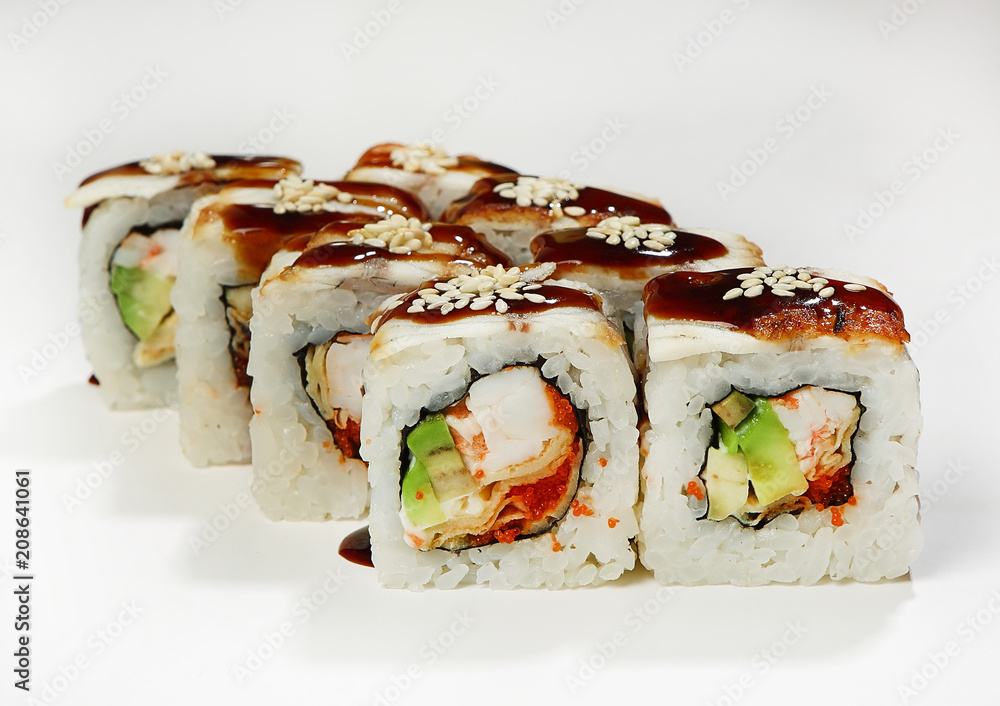 Rolls (eel, shrimp, omelet, avocado, white sauce, masaga, sesame, Unagi sauce) Rolls (eel, shrimp, omelet, avocado, white sauce, masaga, sesame, Unagi sauce)