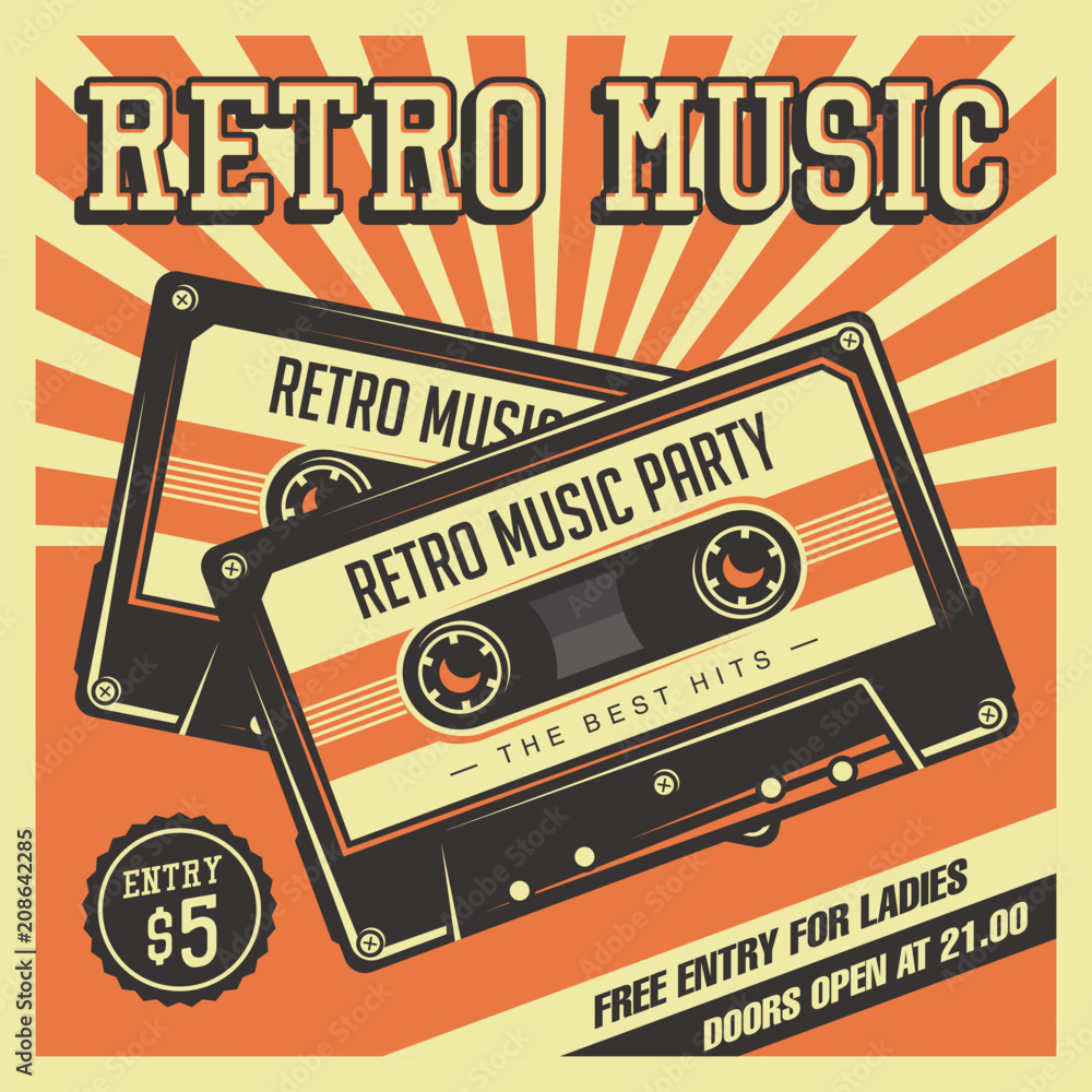 Retro Music Compact Cassette Vintage Signage Poster Vector - obrazy, fototapety, plakaty 