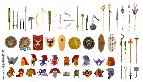 videogame weapons helmets spears bow and shields icons