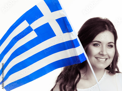 Woman with greek waving flag, on white