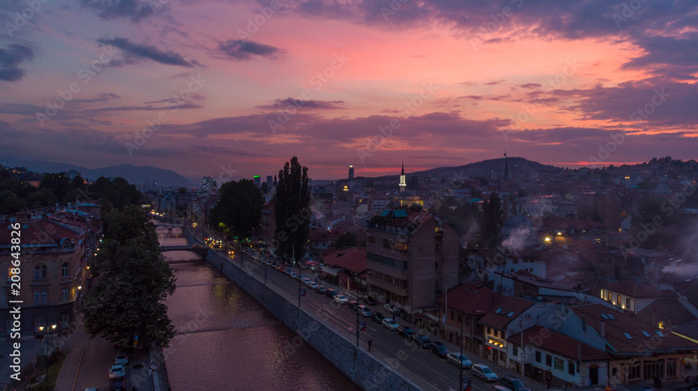 aerial shoot of Sarajevo in sunset 