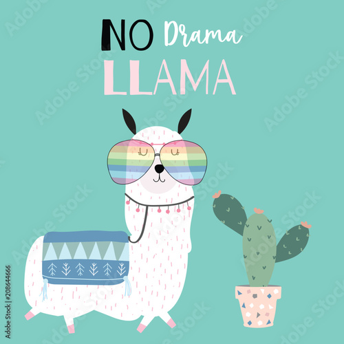 Hand drawn cute card with llama,glasses and cactus. llama not drama
