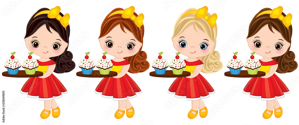 Vector Cute Little Girls Holding Trays with Cupcakes