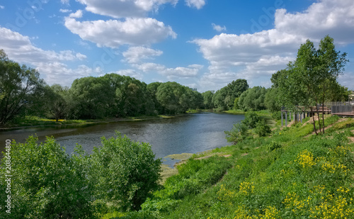 Panorama of the natural landscape. The bend of the Moscow-river in the town of Zhukovsky near Moscow. Russia