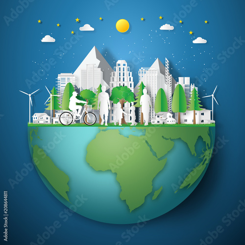 peoples exercise and relax in the night city on summer, fresh air in the park on the world as nature, healthy, paper art and craft style concept. vector illustration