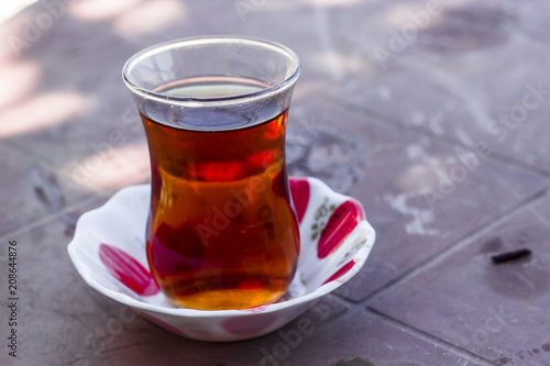 close-up shot of turkish tea glass on the table