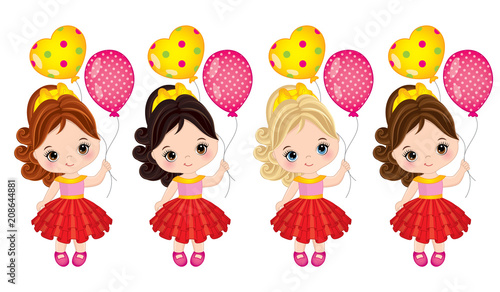 Vector Cute Little Girls with Balloons
